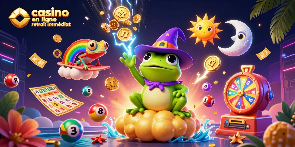 Jouez au casino en ligne retrait immédiat avec des personnages de jeu vibrants parmi des pièces d'or et des éléments de loterie.