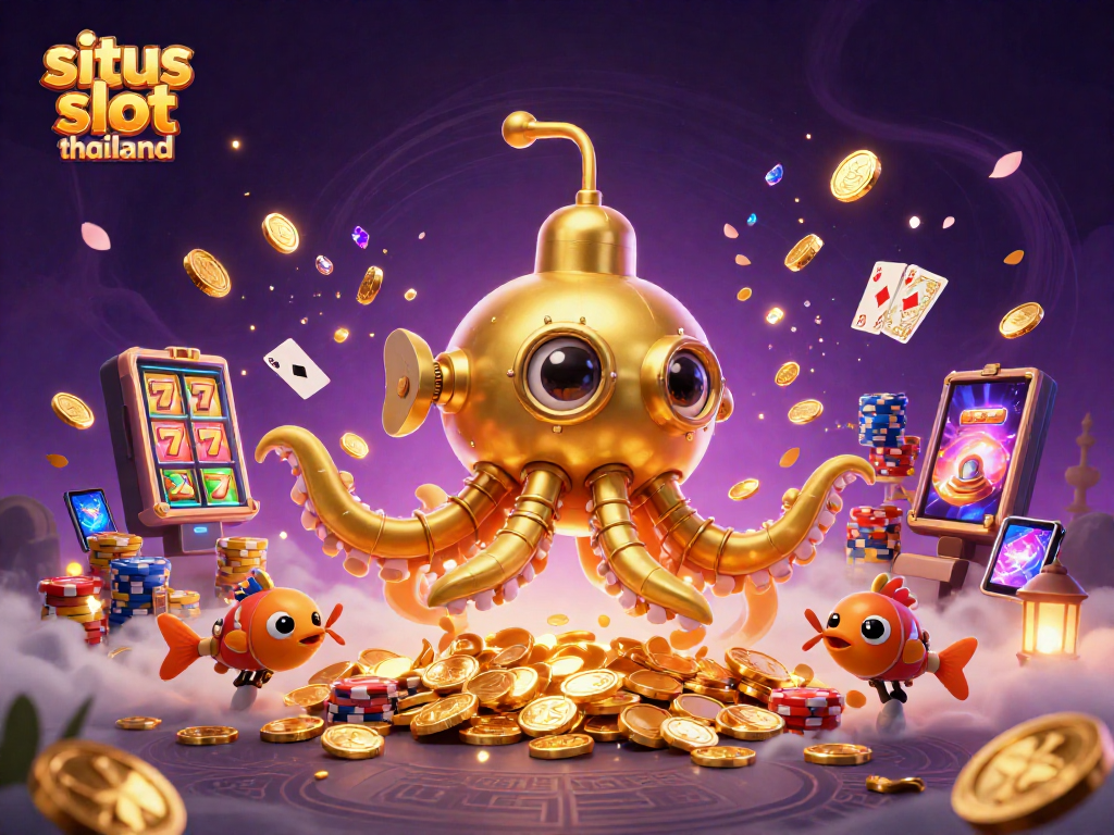 Spin and win at situs slot thailand with a vibrant scene of a golden kraken submarine and flying coins.