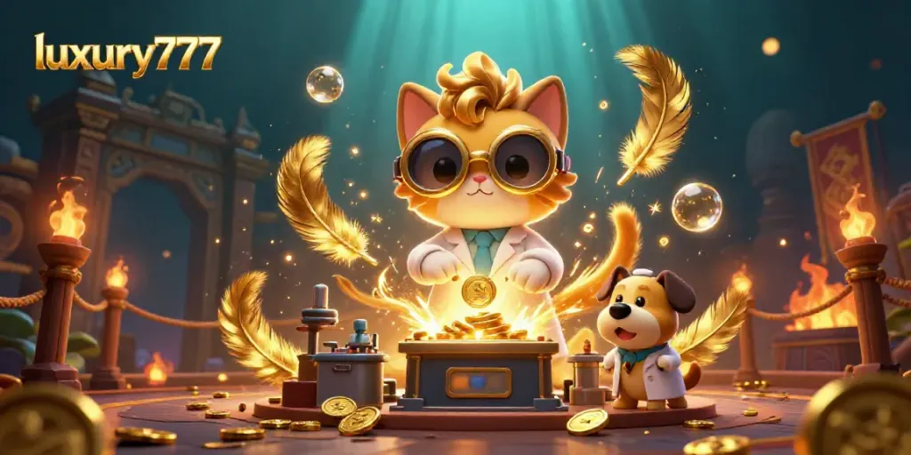 Experience luxury777 gameplay with a fun cat scientist creating gold coins in a dynamic casino scene.
