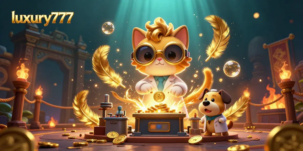 Experience luxury777 gameplay with a fun cat scientist creating gold coins in a dynamic casino scene.