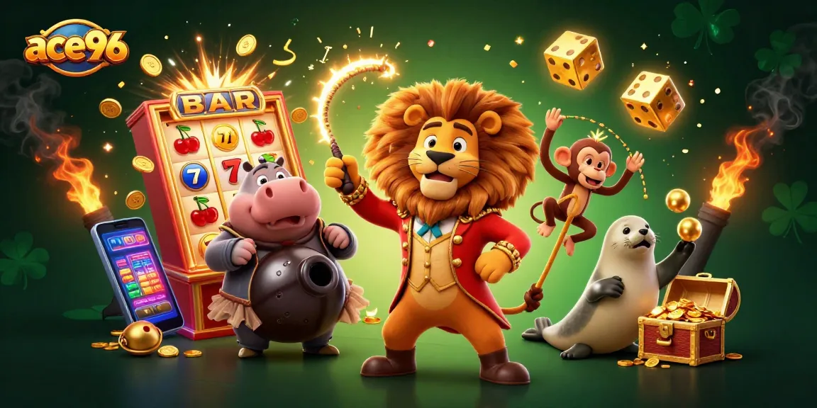 Spin to win at ace96 with colorful slots and animated casino characters in a vibrant scene.