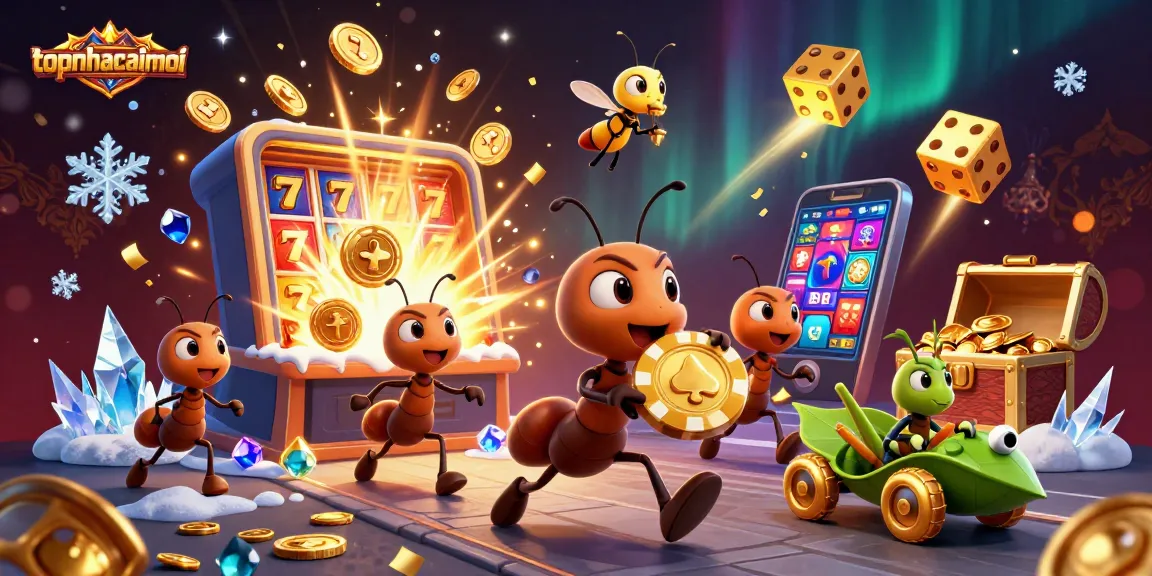 Experience thrilling heists in topnhacaimoi with cartoon ants and a golden poker chip amid casino chaos.