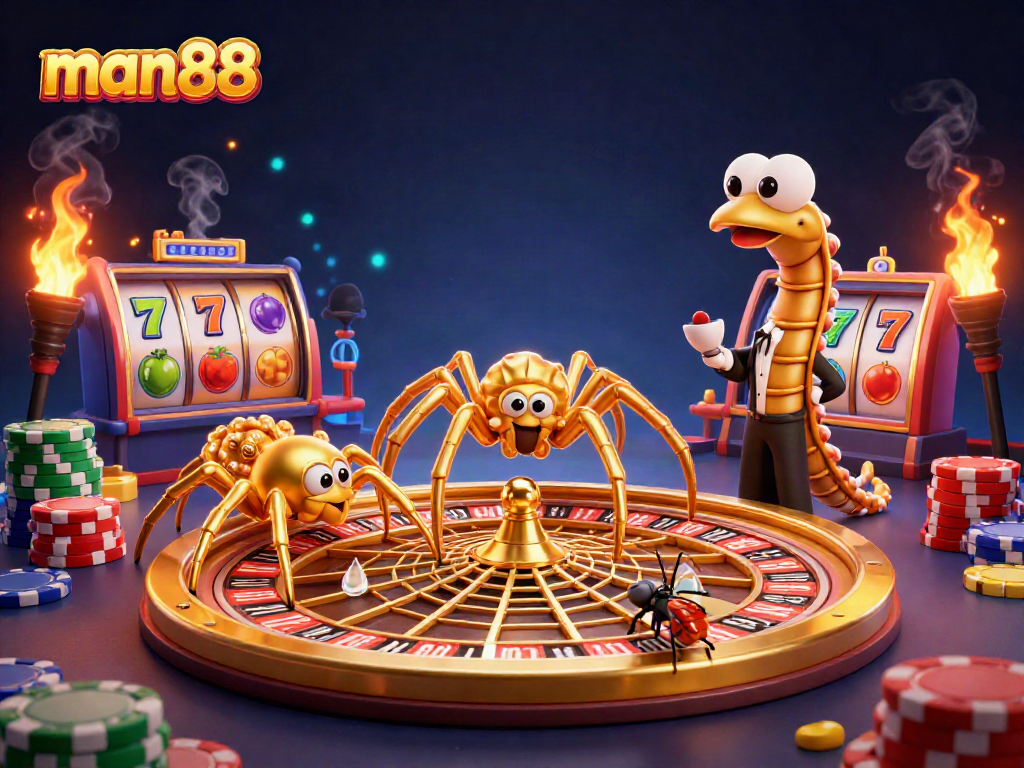 Engage with man88's thrilling slots as the golden spider spins a roulette wheel of fortune.