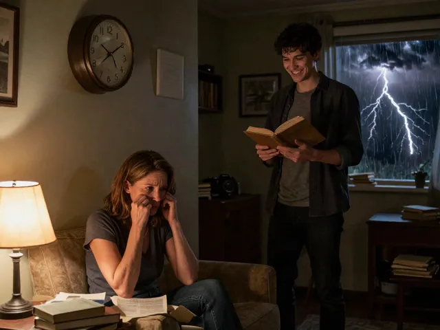 A tense moment in Total Stranger movie, featuring a distressed woman confronting her unsettling young tenant in dimly lit living room.