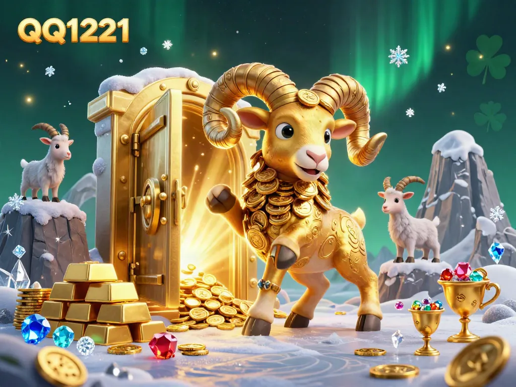 Engage in the thrilling world of QQ1221 with a golden ram charging towards loot amidst treasures and gems.