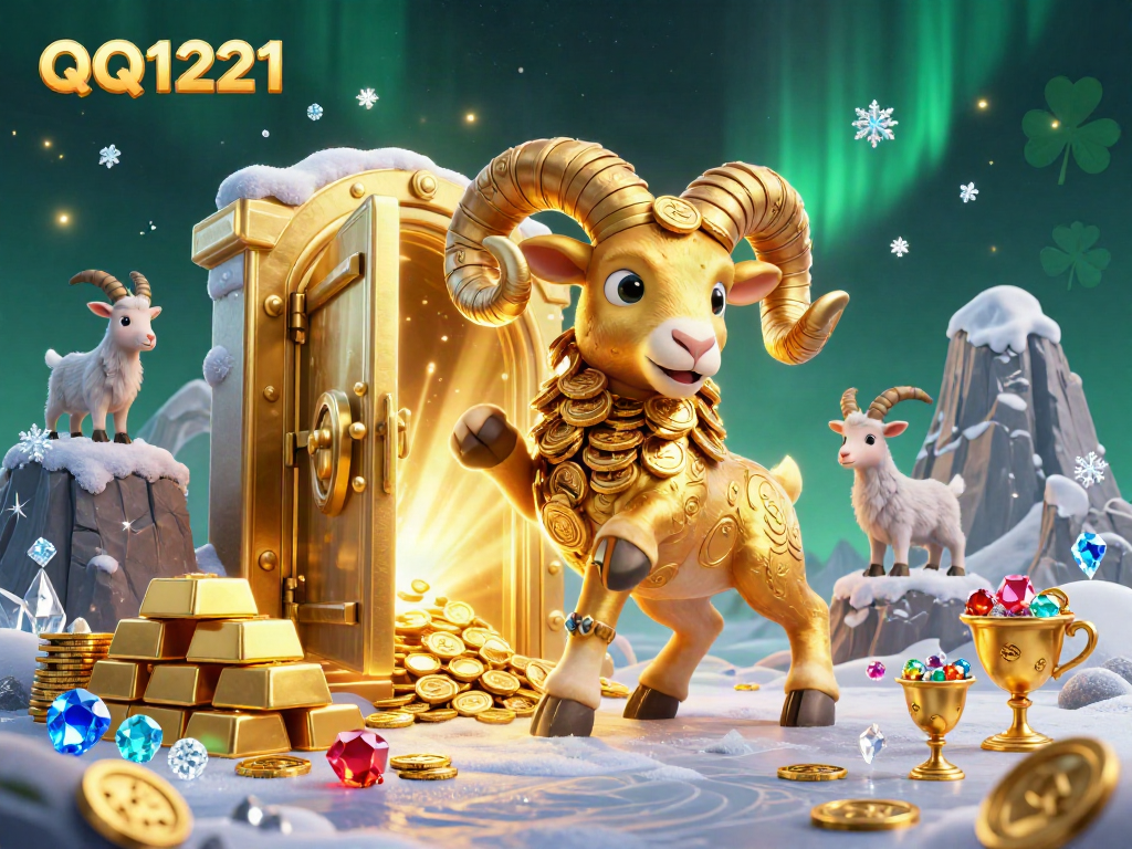 Engage in the thrilling world of QQ1221 with a golden ram charging towards loot amidst treasures and gems.