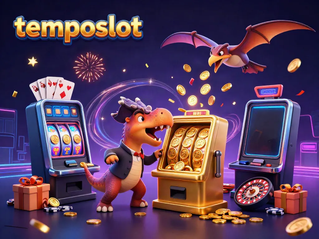 Permainan jackpot di temposlot dengan dinosaurus yang beraksi di kasino, menciptakan koin emas.