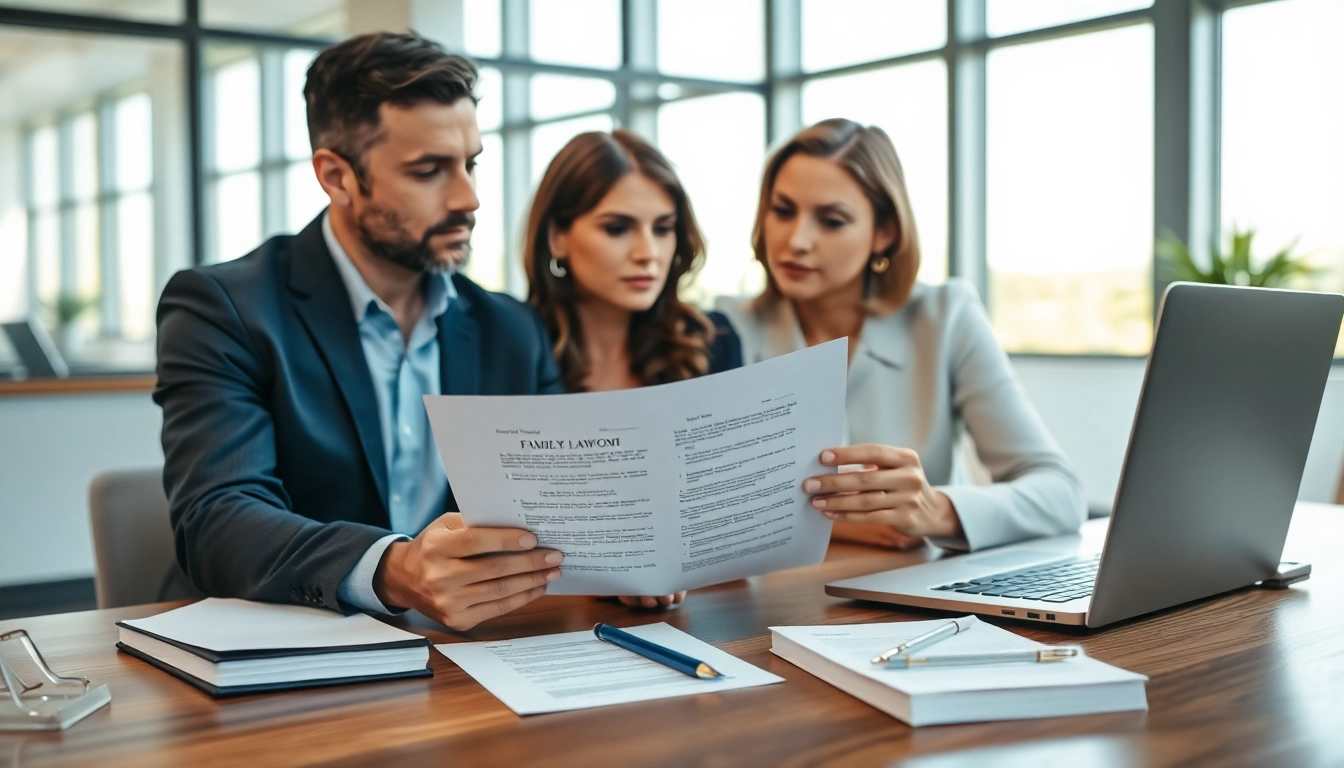 Couple reviewing Family Law Financial Agreements with a lawyer in a modern office setting, ensuring clarity on legal terms.