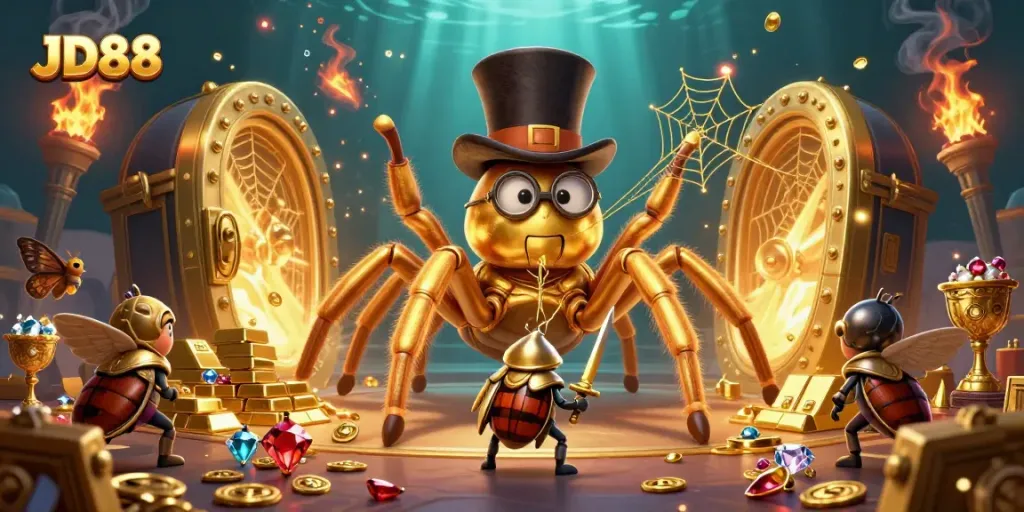 Witness JD88's magical online casino adventure with a giant golden tarantula and brave beetle knight.