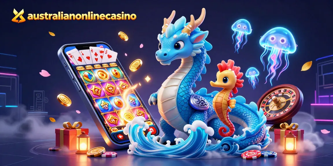 Winning at australianonlinecasino with vivid 3D dragon, seahorse knight, and neon jellyfish elements.