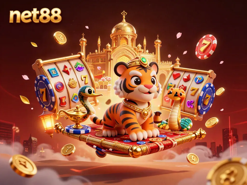 Win massive jackpots at net88 with vibrant slot reels, gold coins, and a magical tiger sultan.