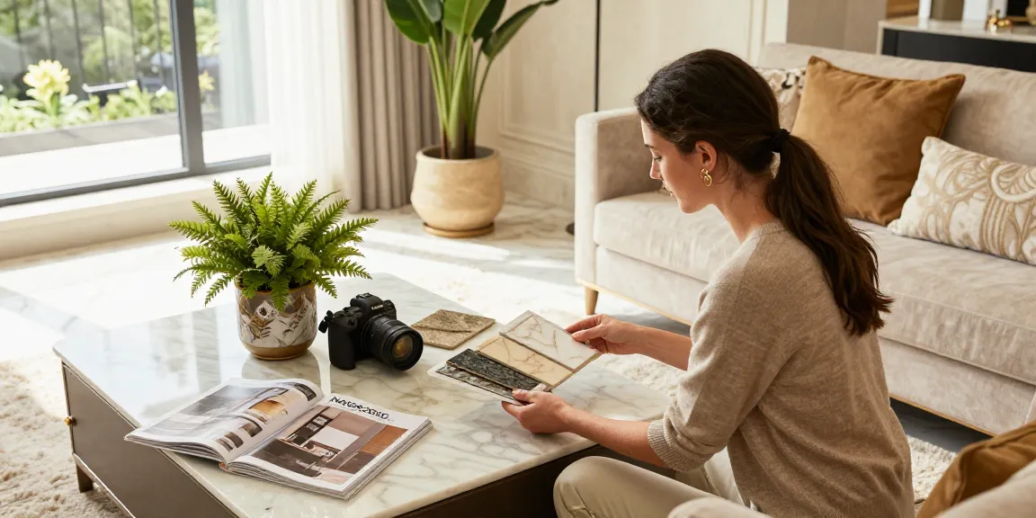 Interior design consultation showcasing NAGA2000 premium marble materials in an elegant living room.