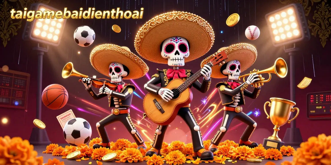 Experience the taigamebaidienthoai mariachi band in an engaging 3D casino illustration filled with dynamic sports elements.