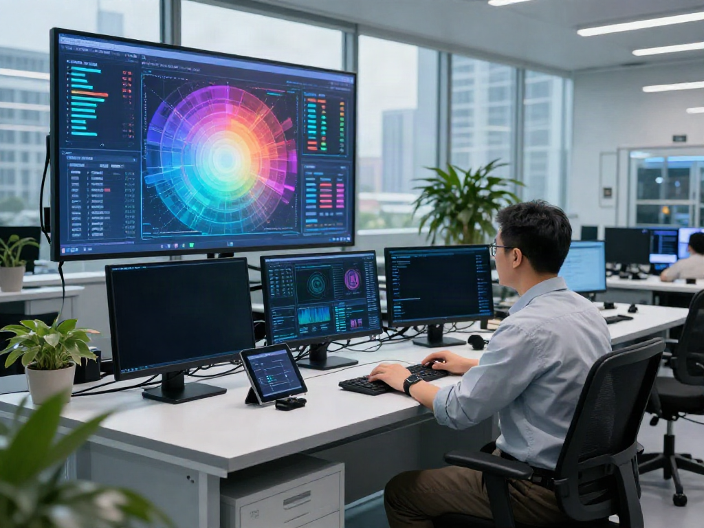 AI inference control room with technician analyzing GPU metrics and data.
