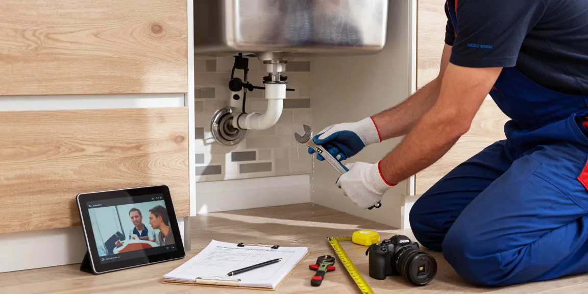 Milton Keynes plumber repairing a leaky pipe in a modern kitchen, showcasing professional tools.