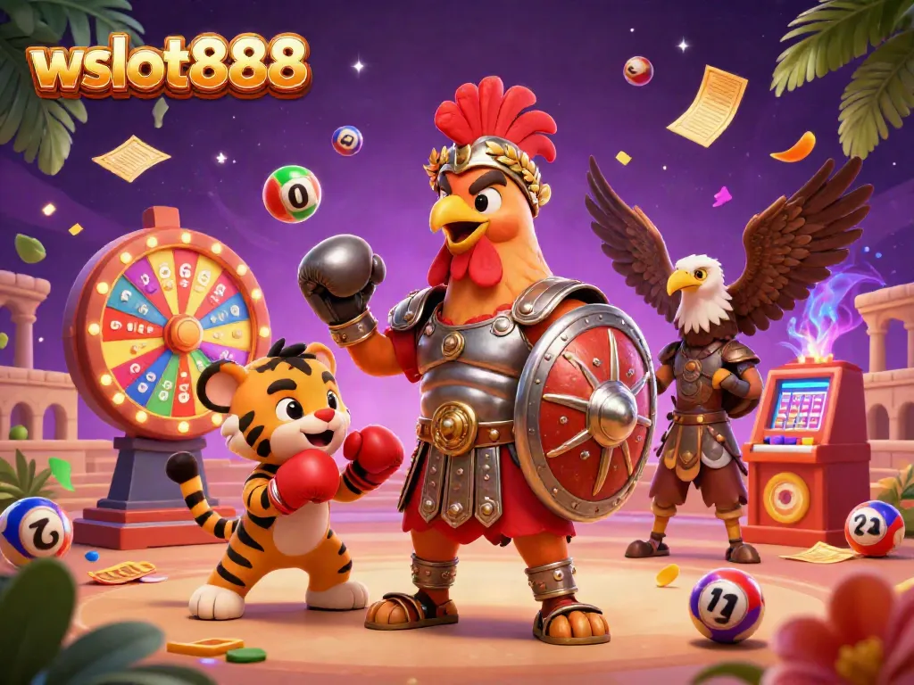 Gambaran karakter bertarung 3D wslot888 di arena, penuh dengan elemen lotere dan jackpot.