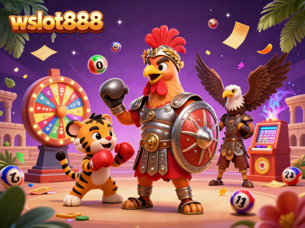 Gambaran karakter bertarung 3D wslot888 di arena, penuh dengan elemen lotere dan jackpot.