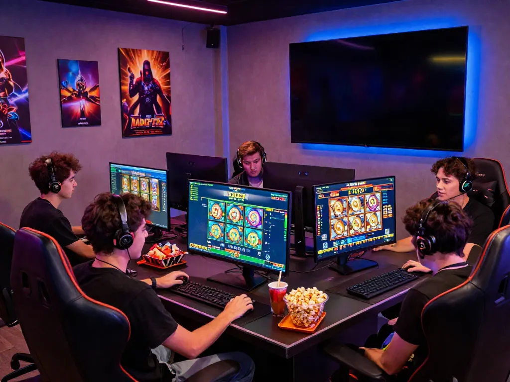 Friends enjoying online gaming session exploringสล็อตเว็บตรง options in a vibrant gaming lounge.
