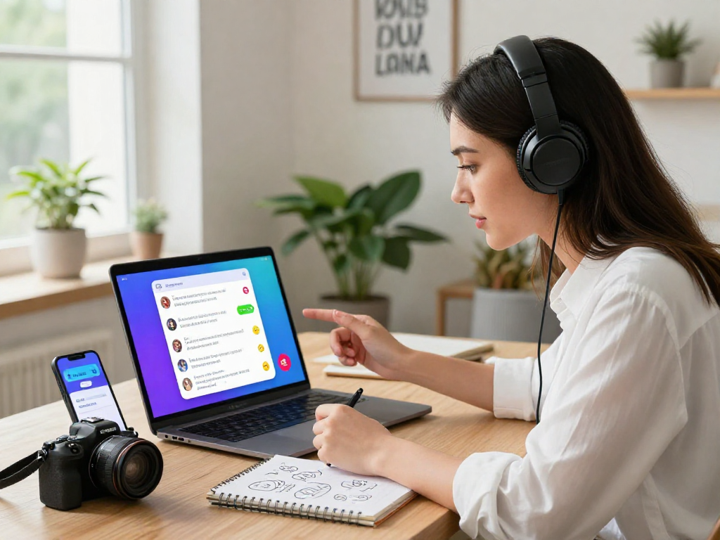 Engaging with spicy chat AI in a vibrant home office, showcasing innovative digital communication.