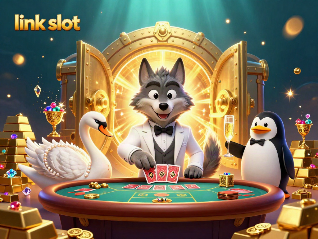 Experience thrilling link slot action with a debonair wolf and elegant characters in a vibrant casino scene.