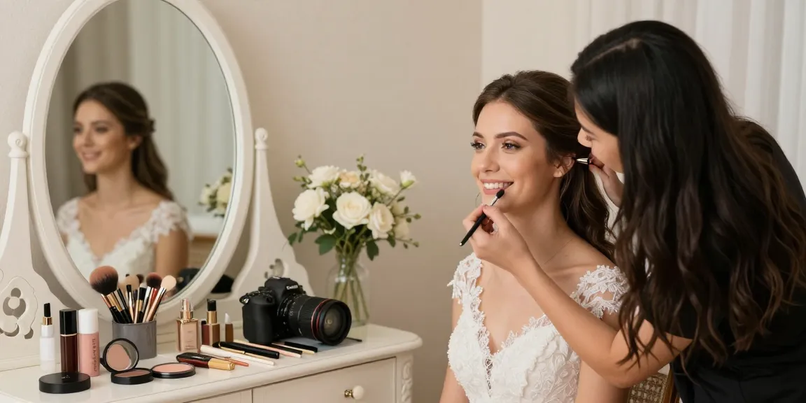 Trucco sposa professionale su una sposa felice con prodotti di bellezza.