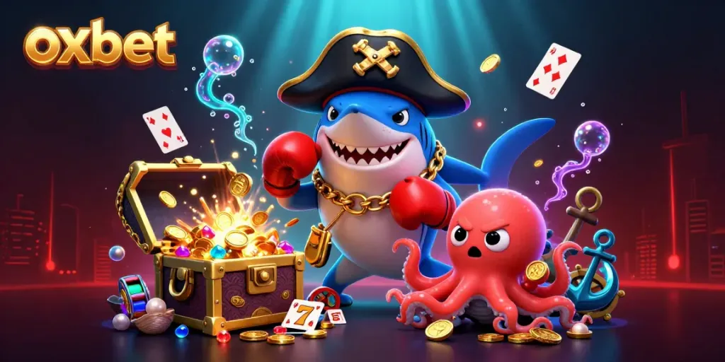 Experience thrilling gameplay at Oxbet with cartoon characters amidst rich casino visuals and gold treasures.