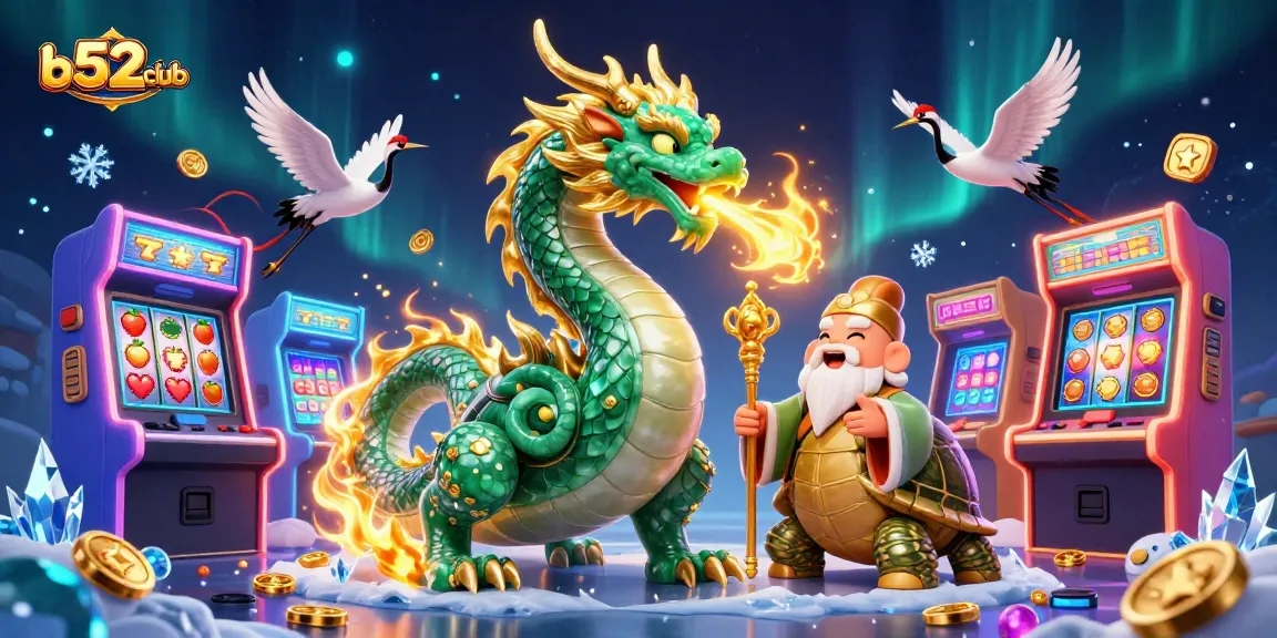 Engage with b52club's vibrant casino adventure featuring a mythical dragon and joyful gaming icons.