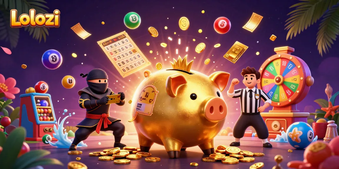 Lolozi's dynamic gaming scene captures a golden piggy bank sumo wrestler surrounded by lively lottery elements.