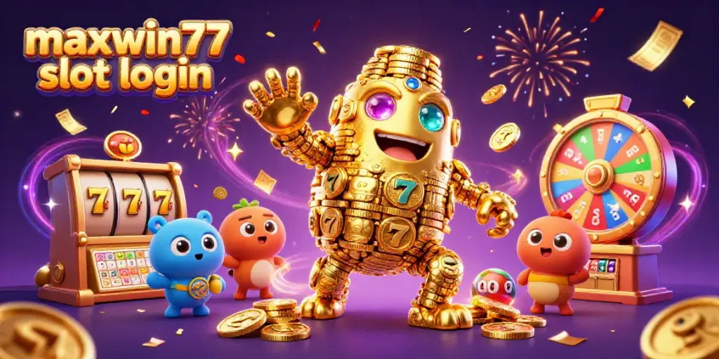 Spin the reels and claim jackpots with maxwin77 slot login, featuring energetic casino elements and characters.