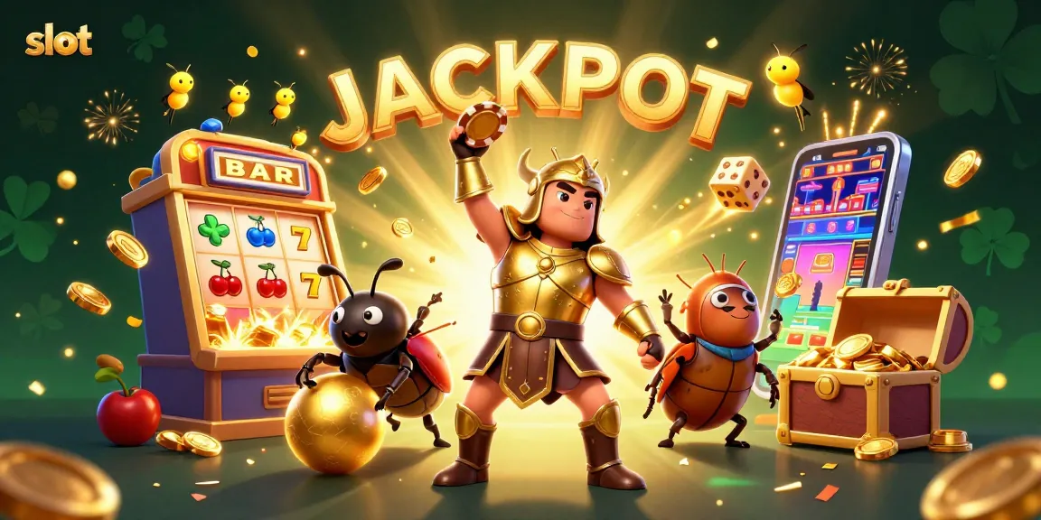 Experience thrilling slot action with a golden armored beetle lifting a poker chip, surrounded by jackpot symbols.