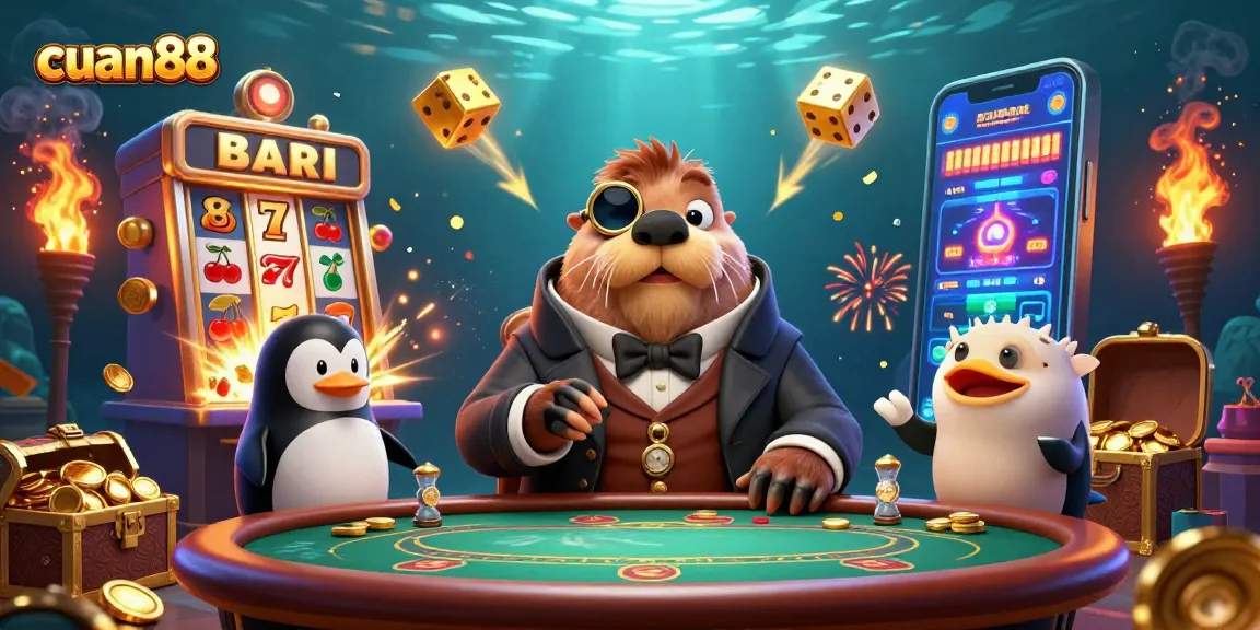 Enjoy gaming action at cuan88 with lively underwater poker featuring a walrus, penguin dealer, and bluffing pufferfish.