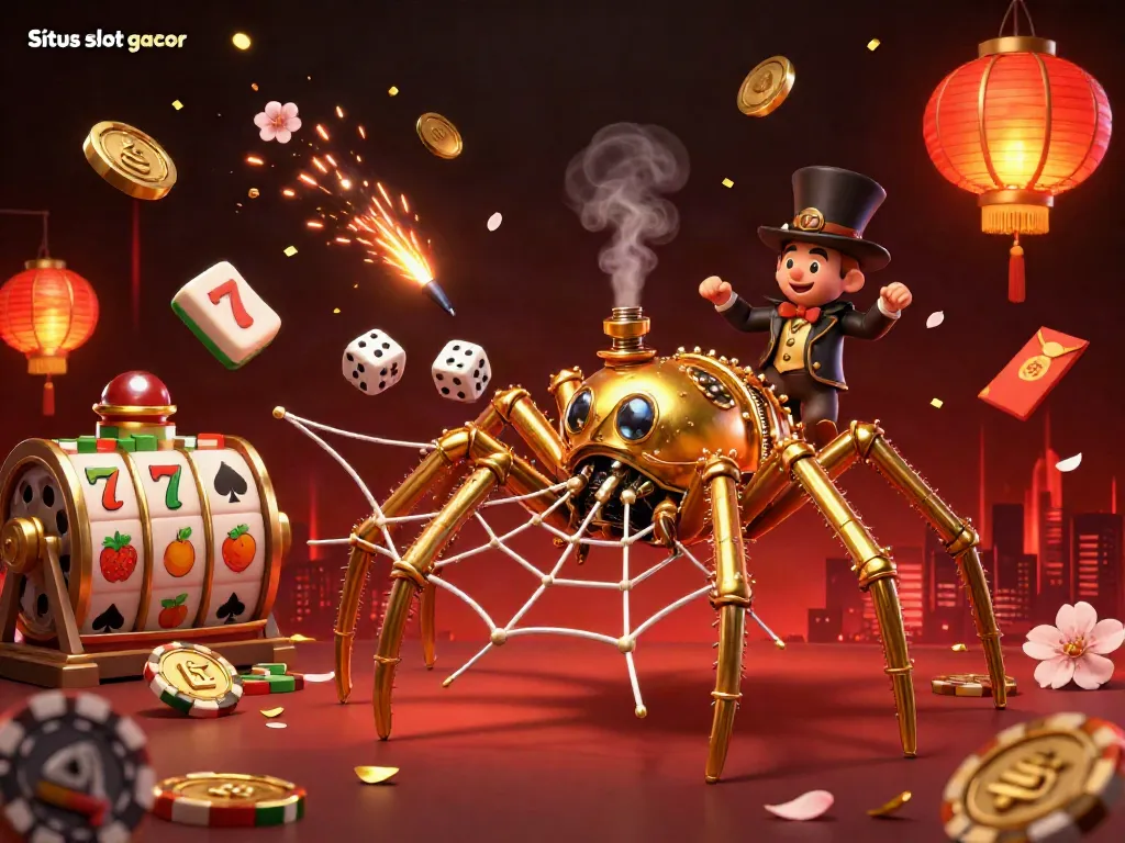Experience the thrill of Situs slot gacor with a vibrant 3D casino scene showcasing golden spider and Victorian fly gentleman.