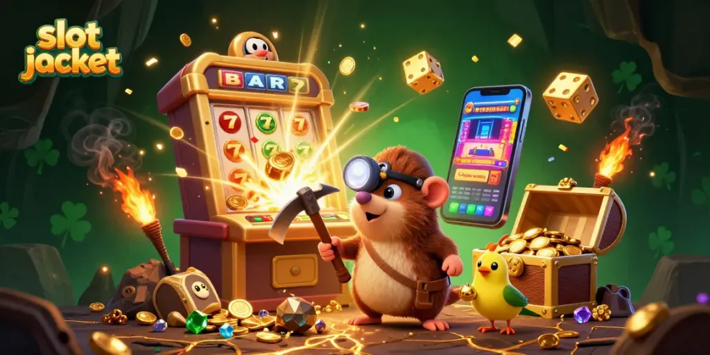 Experience a thrilling slot jackpot explosion with vibrant characters, coins, and casino elements!