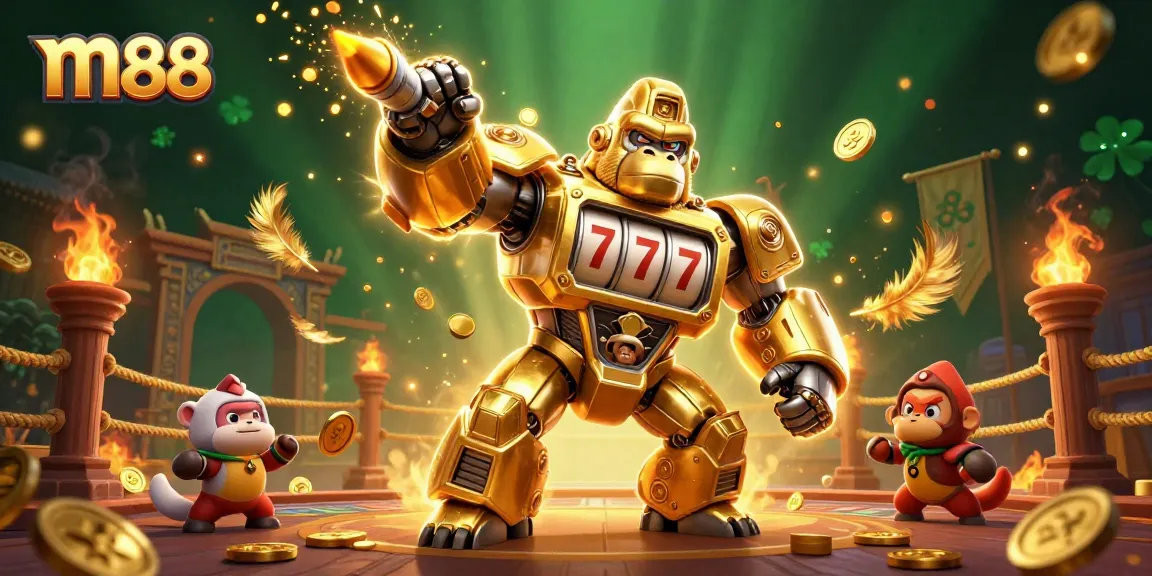 Experience thrilling gameplay at m88 with a dynamic scene featuring a golden gorilla mech and vibrant casino elements.