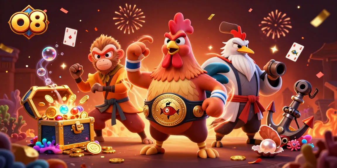 Bet on exciting games at o8 with a Muay Thai rooster and martial artists in a festive scene.