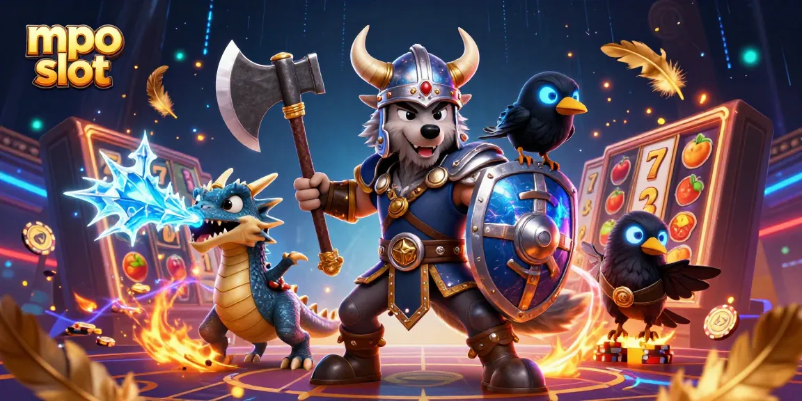 Engage in thrilling action with mpo slot as a Viking wolf warrior battles alongside a fierce dragon amidst lively casino reels.