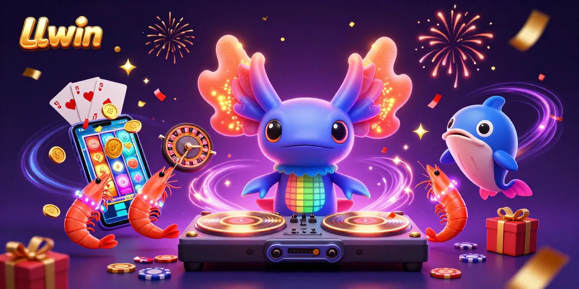 LLwin players spin vibrant slot reels while dancing in an energetic underwater casino scene.