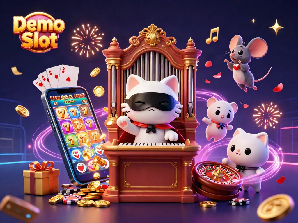 Engage with Demo Slot games featuring a whimsical casino scene with vibrant characters and rich game elements.