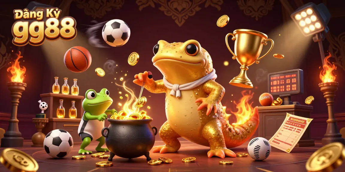 Experience the thrill and magic of Đăng Ký gg88 with this enchanting 3D illustration of a golden salamander alchemist and sports elements.