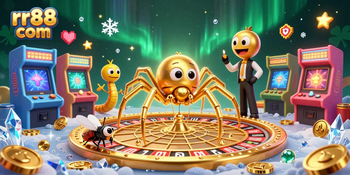 Experience the thrill at rr88 com with this 3D cartoon scene depicting a golden spider as a croupier spinning a roulette web.