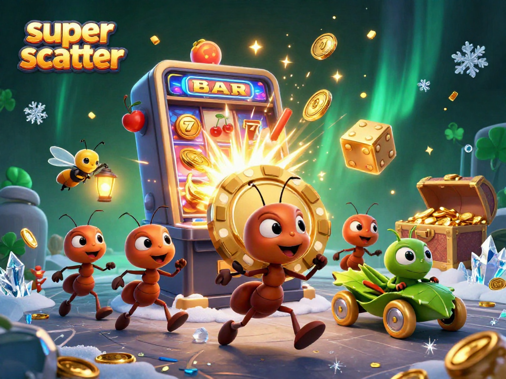 Experience the excitement of super scatter with a heist scene featuring ants and casino symbols.