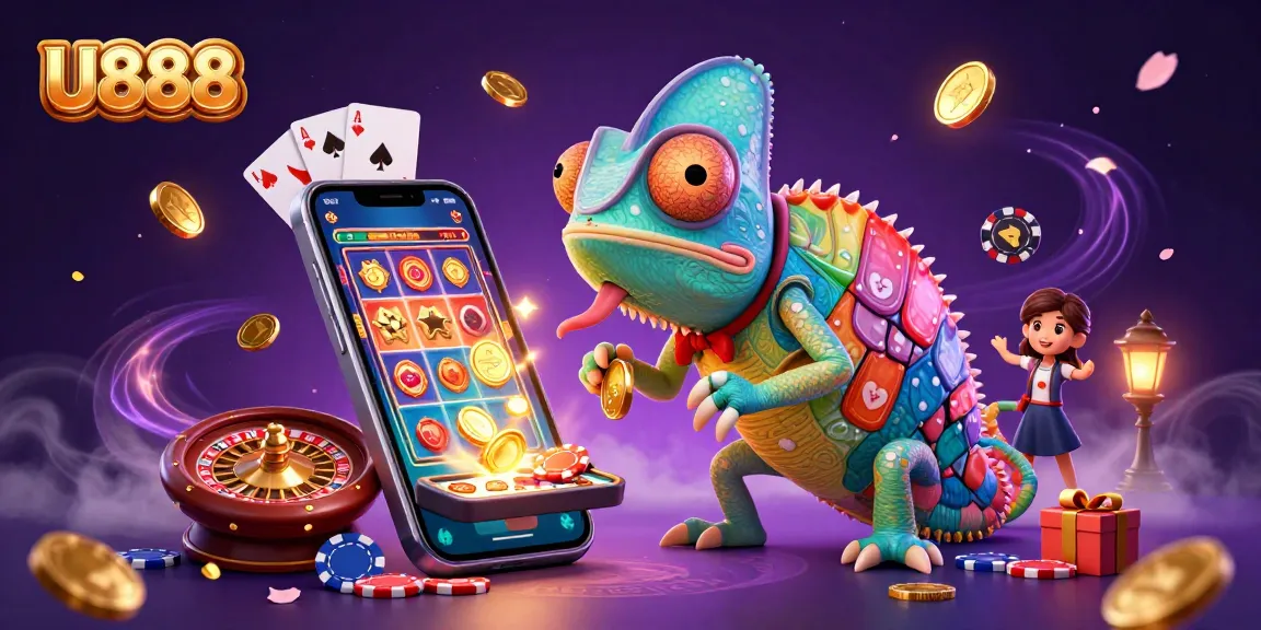 Experience the exciting world of U888 with a vibrant 3D casino scene showcasing a chameleon and thrilling game elements.