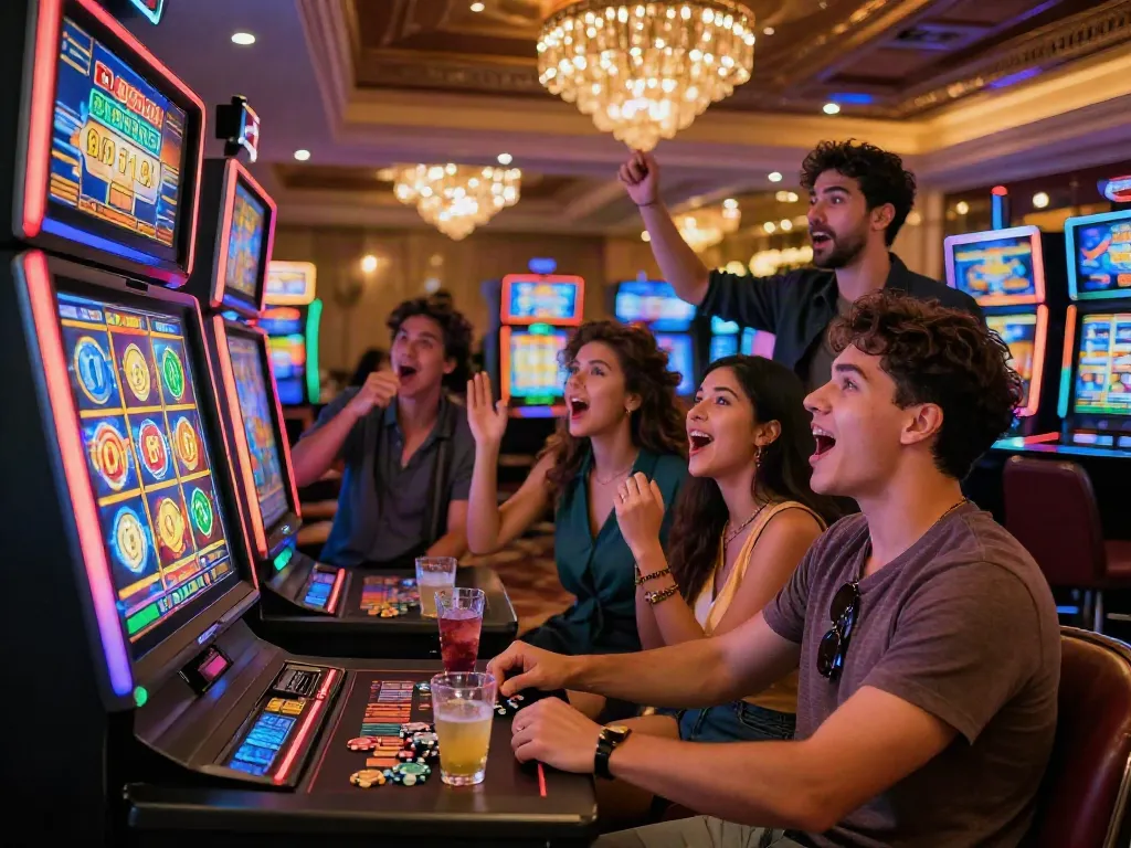 Exciting casino scene featuring friends at a slot gacor machine celebrating potential wins.