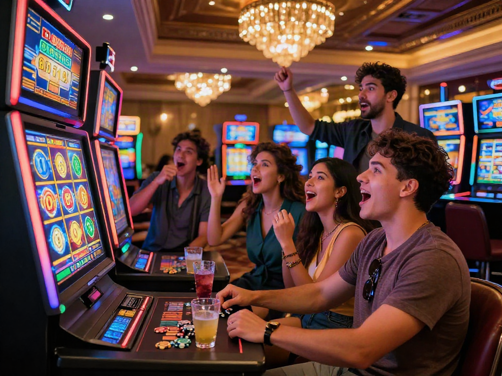 Exciting casino scene featuring friends at a slot gacor machine celebrating potential wins.