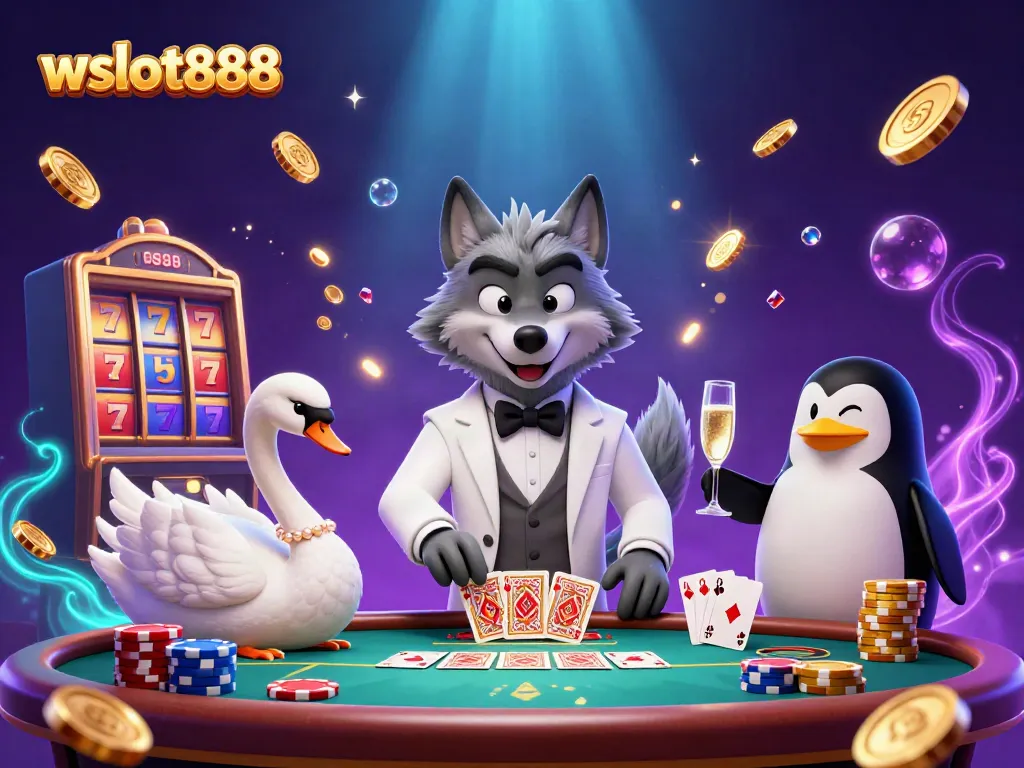 Ilustrasi menarik bertema kasino menampilkan wslot888 dengan karakter serigala, angsa, dan penguin.