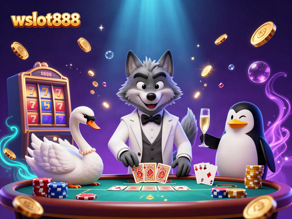 Ilustrasi menarik bertema kasino menampilkan wslot888 dengan karakter serigala, angsa, dan penguin.
