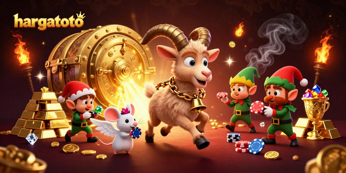 hargatoto casino scene with Krampus goat, angel mouse, and gremlin elves amidst treasure