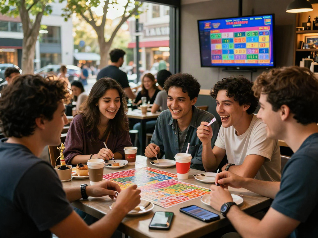 Friends joyfully strategizing for toto togel lottery at a café table.