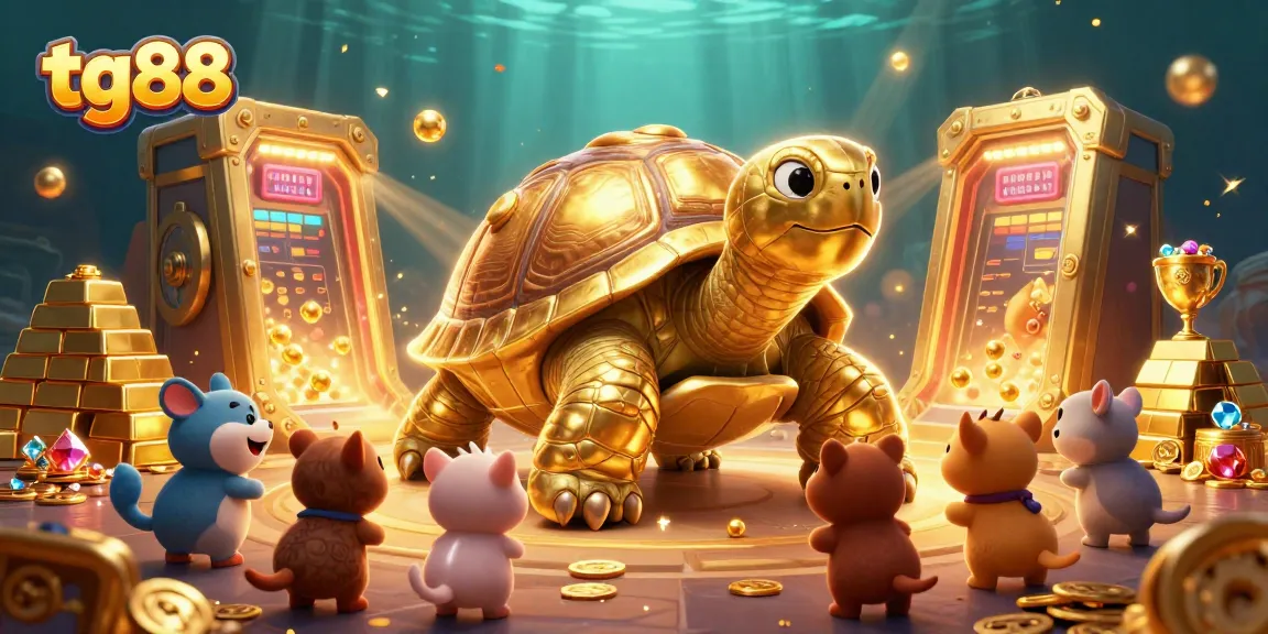 Experience the excitement of tg88 gaming with a vibrant scene featuring a colossal golden tortoise and treasures.