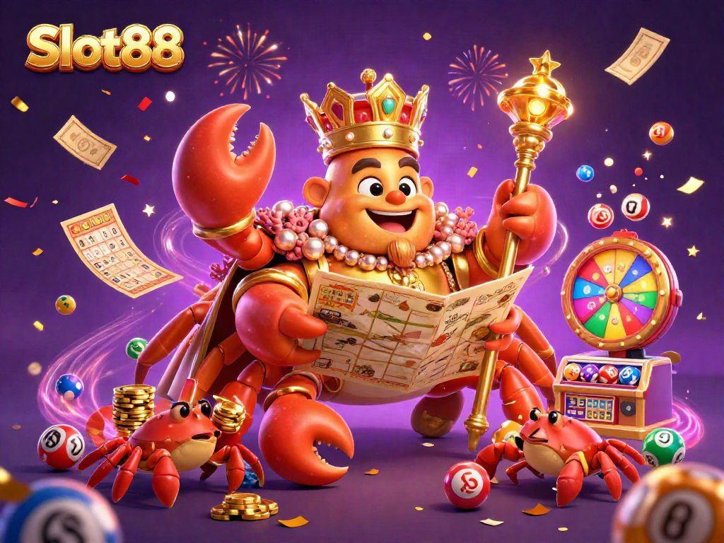 Slot88 menghadirkan momen beruntung dengan keceriaan jackpot dan angka lotere berwarna dalam ilustrasi fantastis.